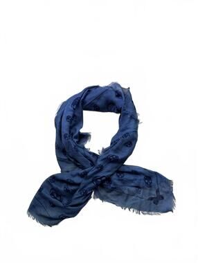 Alexander McQueen Blue Skull Print Scarf Frayed Edge Designer Wrap Shawl